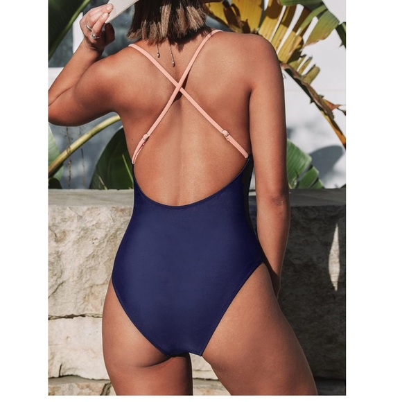 CUPSHE One Piece Swimsuit, Deep V Neck,  Crisscross Back, Color Block, Size L - Picture 2 of 11